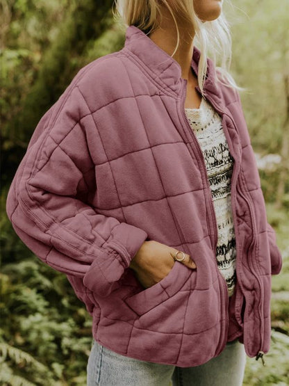 Quilted Jackets- Solid Cotton Blend High Neck Zip-Up Quilted Jacket- Pink- Pekosa Women Clothing