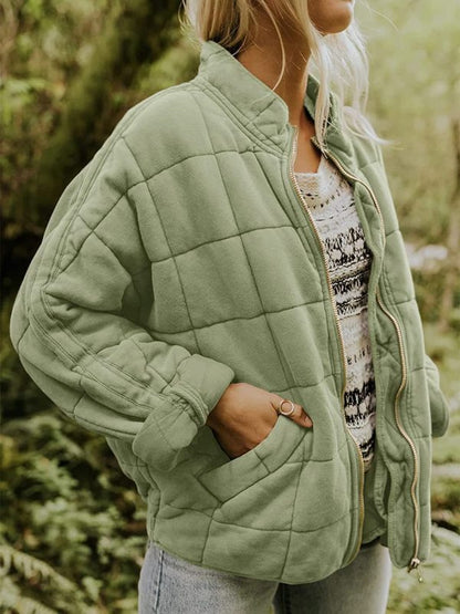 Quilted Jackets- Solid Cotton Blend High Neck Zip-Up Quilted Jacket- Green- Pekosa Women Clothing
