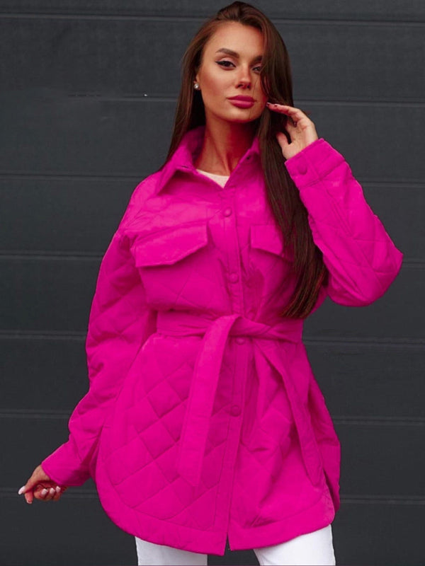 Quilted Jackets- Winter Cotton Longline Tie-Belt Coat Quilted Jacket- Rose- Pekosa Women Clothing