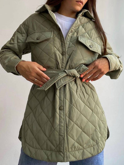 Quilted Jackets- Winter Cotton Longline Tie-Belt Coat Quilted Jacket- Olive green- Pekosa Women Clothing