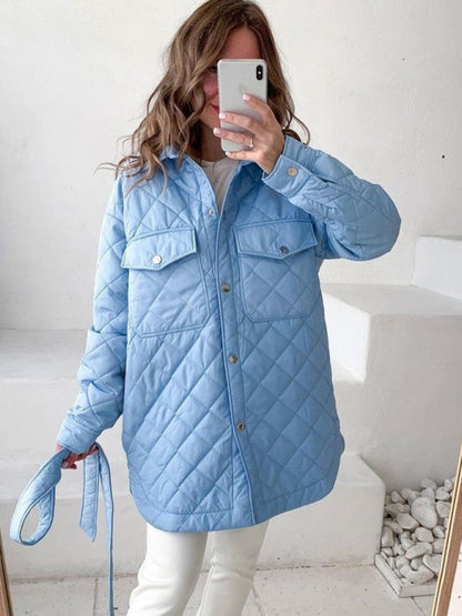 Quilted Jackets- Winter Cotton Longline Tie-Belt Coat Quilted Jacket- Clear blue- Pekosa Women Clothing