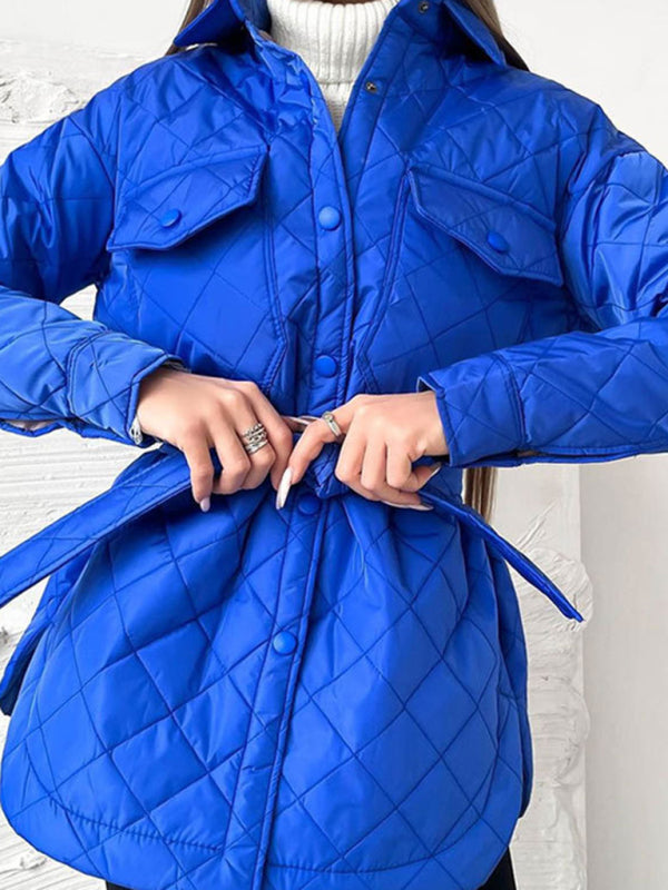 Quilted Jackets- Winter Cotton Longline Tie-Belt Coat Quilted Jacket- - Pekosa Women Clothing