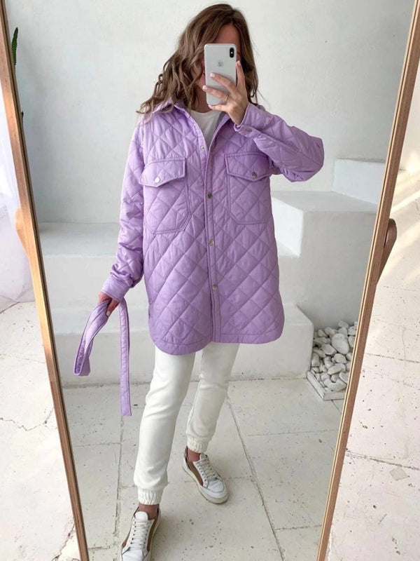 Quilted Jackets- Winter Cotton Longline Tie-Belt Coat Quilted Jacket- - Pekosa Women Clothing