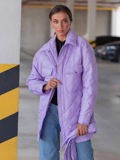 Quilted Jackets- Winter Cotton Longline Tie-Belt Coat Quilted Jacket- Purple- Pekosa Women Clothing