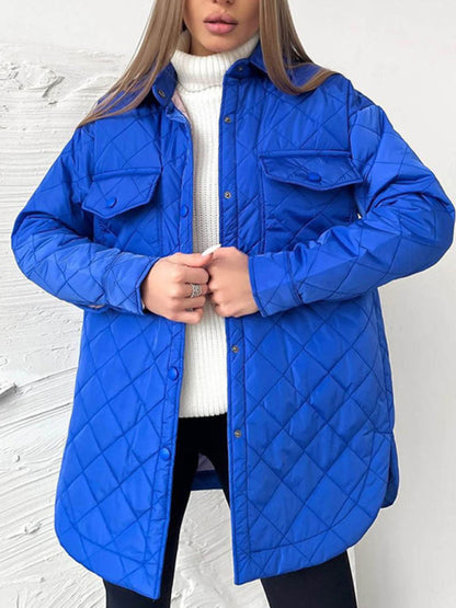 Quilted Jackets- Winter Cotton Longline Tie-Belt Coat Quilted Jacket- Blue- Pekosa Women Clothing