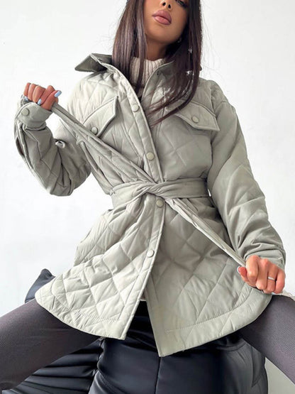 Quilted Jackets- Winter Cotton Longline Tie-Belt Coat Quilted Jacket- Grey- Pekosa Women Clothing