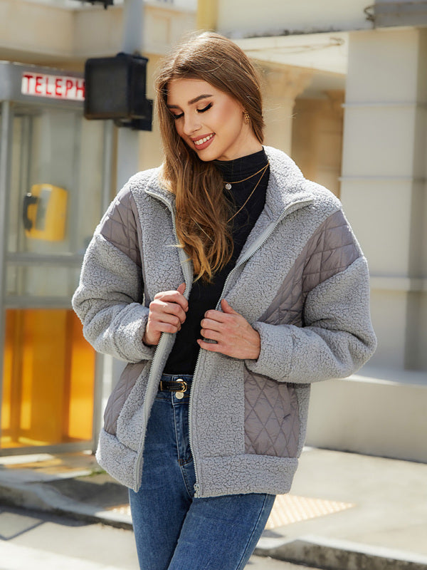 Quilted Jackets- Winter Zip-Up Fluffy Plush Quilted Jacket- - Pekosa Women Clothing