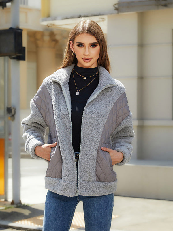 Quilted Jackets- Winter Zip-Up Fluffy Plush Quilted Jacket- - Pekosa Women Clothing