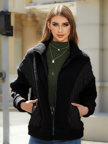 Quilted Jackets- Winter Zip-Up Fluffy Plush Quilted Jacket- Black- Pekosa Women Clothing