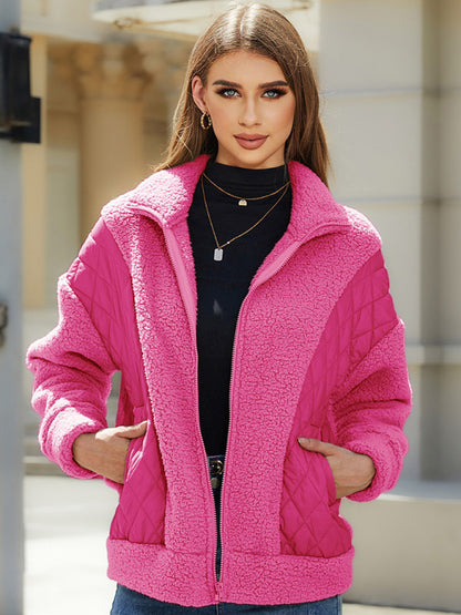 Quilted Jackets- Winter Zip-Up Fluffy Plush Quilted Jacket- Rose- Pekosa Women Clothing