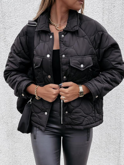 Quilted Jackets- Women’s Snap-Front Windbreaker Collared Quilted Jacket- Black- Pekosa Women Clothing