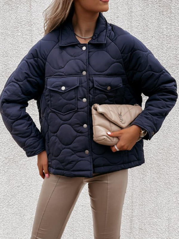 Quilted Jackets- Women’s Snap-Front Windbreaker Collared Quilted Jacket- - Pekosa Women Clothing