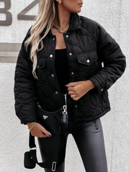 Quilted Jackets- Women’s Snap-Front Windbreaker Collared Quilted Jacket- - Pekosa Women Clothing