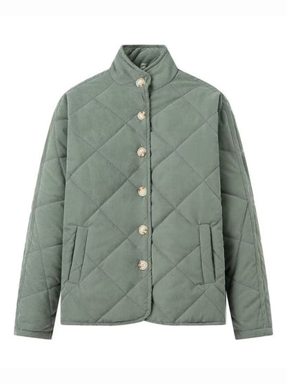 Quilted Jackets- Women's Solid Button-Up Quilted Jacket- - Pekosa Women Fashion