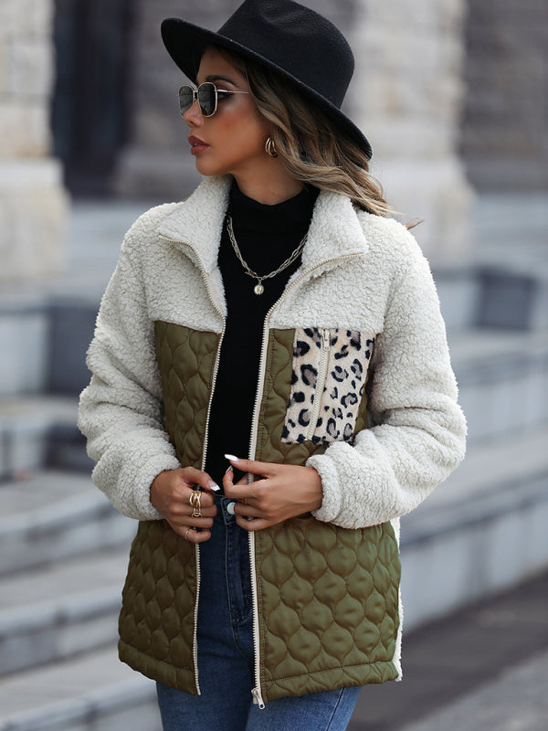 Quilted Jackets- Women's Zip-Up Leopard Print Mid Quilted Jacket- Green- Pekosa Women Clothing