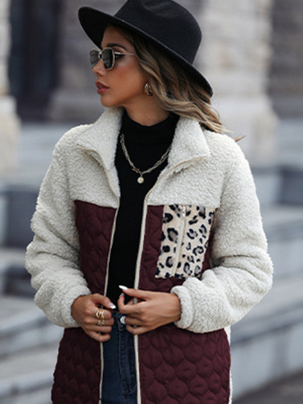 Quilted Jackets- Women's Zip-Up Leopard Print Mid Quilted Jacket- - Pekosa Women Clothing