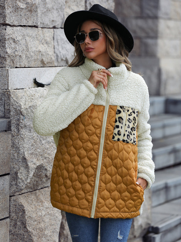 Quilted Jackets- Women's Zip-Up Leopard Print Mid Quilted Jacket- - Pekosa Women Clothing