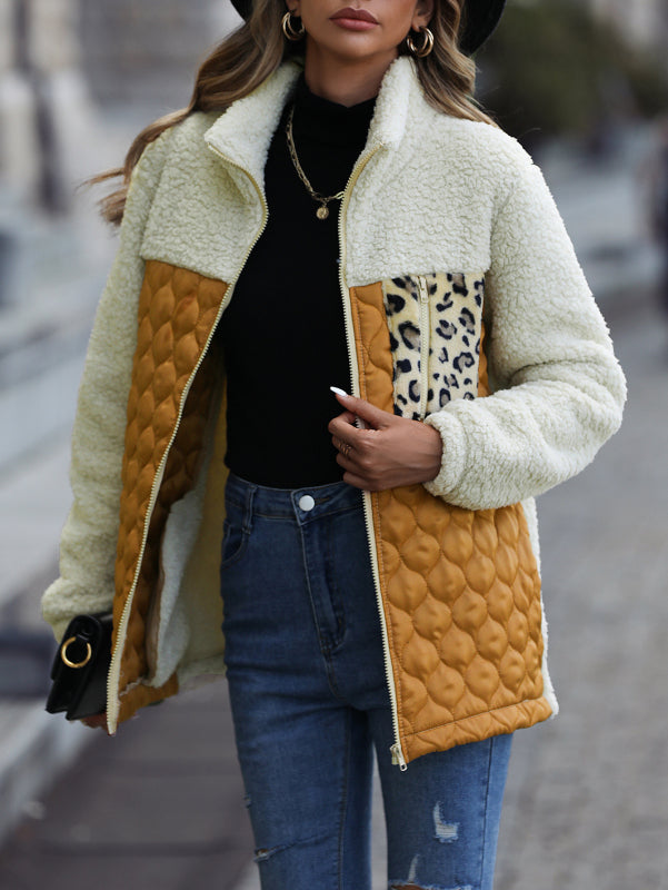 Quilted Jackets- Women's Zip-Up Leopard Print Mid Quilted Jacket- - Pekosa Women Clothing