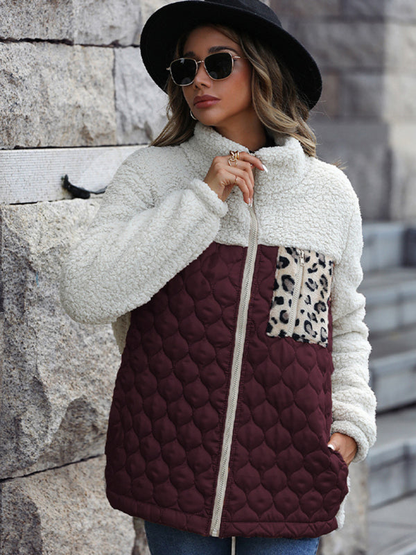 Quilted Jackets- Women's Zip-Up Leopard Print Mid Quilted Jacket- - Pekosa Women Clothing