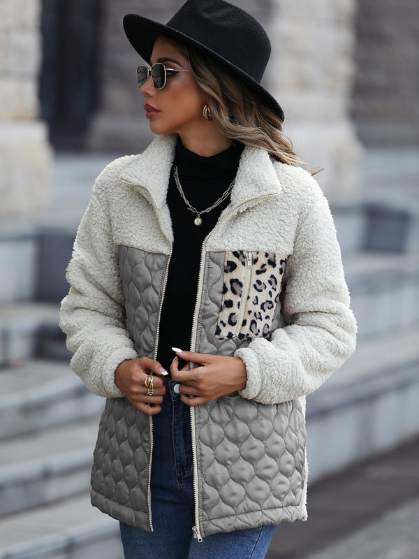 Quilted Jackets- Women's Zip-Up Leopard Print Mid Quilted Jacket- Grey- Pekosa Women Clothing