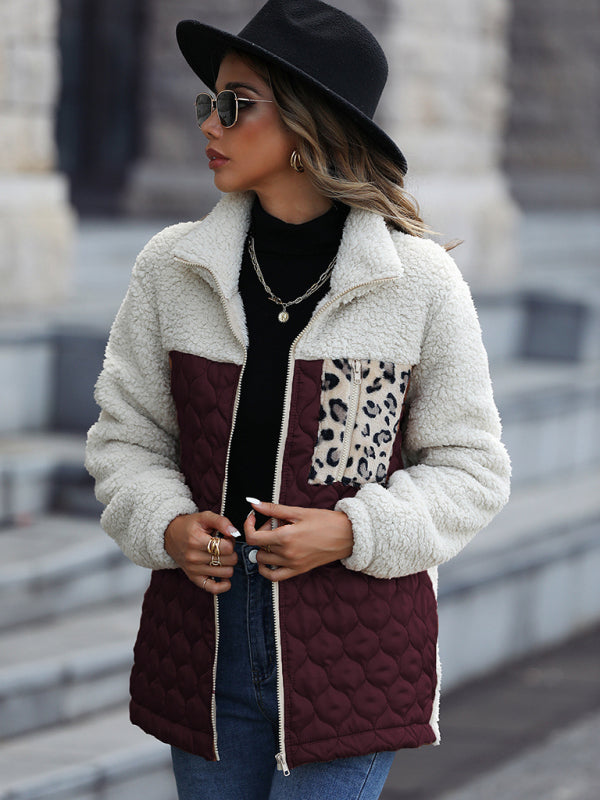 Quilted Jackets- Women's Zip-Up Leopard Print Mid Quilted Jacket- - Pekosa Women Clothing