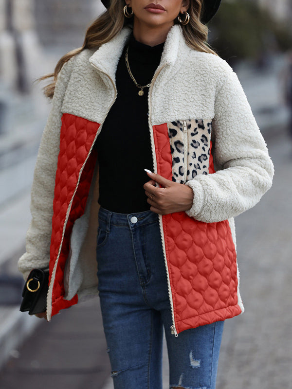 Quilted Jackets- Women's Zip-Up Leopard Print Mid Quilted Jacket- Orange Red- Pekosa Women Clothing