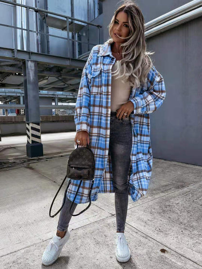 Raincoat- Plaid Longline Jacket Raincoat- - Pekosa Women Clothing