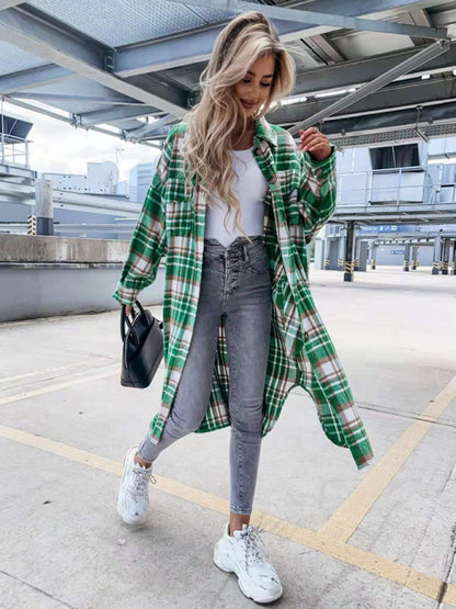 Raincoat- Plaid Longline Jacket Raincoat- - Pekosa Women Clothing