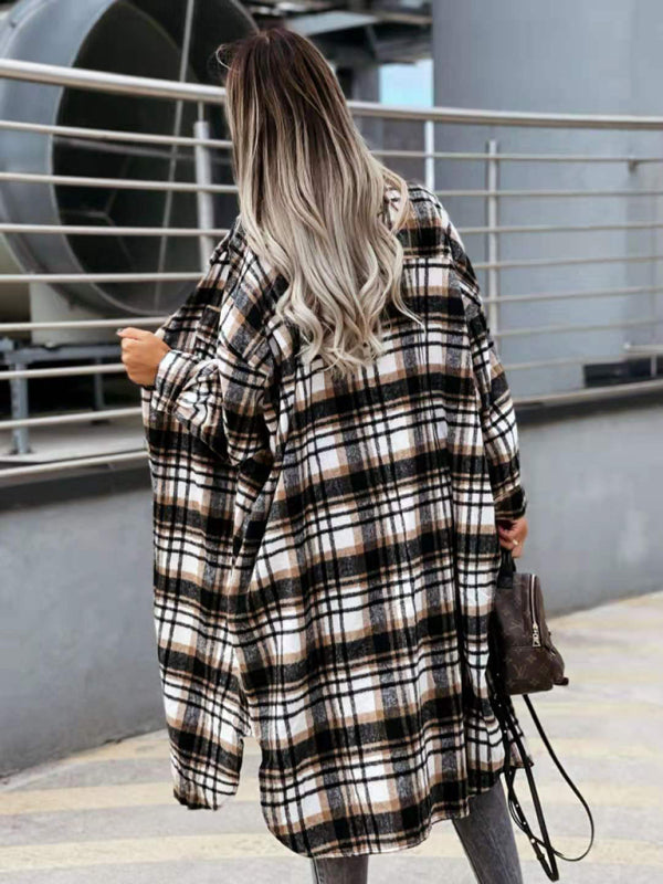 Raincoat- Plaid Longline Jacket Raincoat- - Pekosa Women Clothing