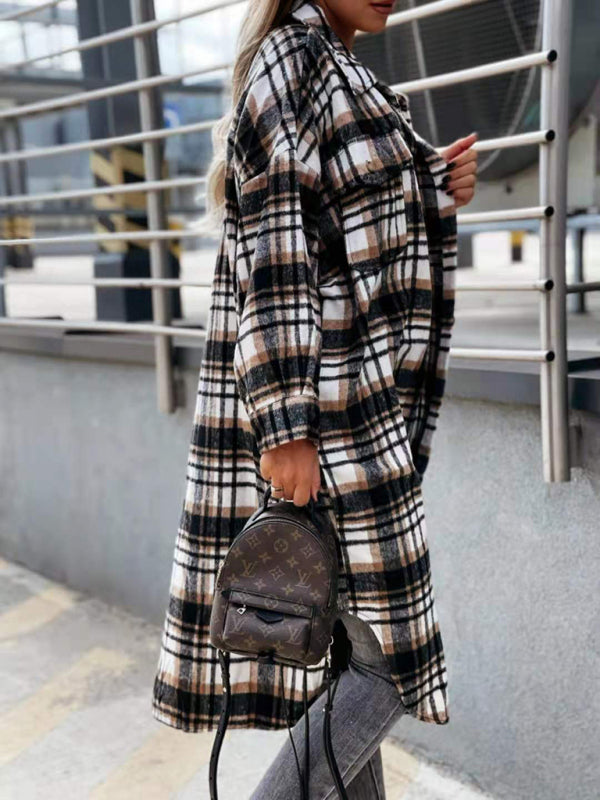 Raincoat- Plaid Longline Jacket Raincoat- - Pekosa Women Clothing