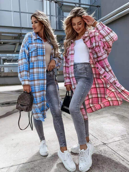 Raincoat- Plaid Longline Jacket Raincoat- - Pekosa Women Clothing