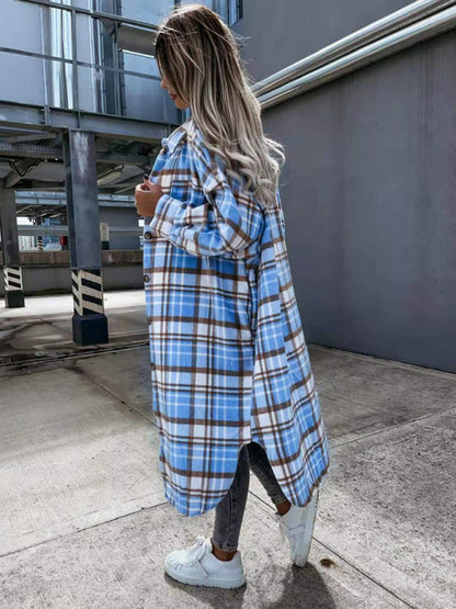 Raincoat- Plaid Longline Jacket Raincoat- - Pekosa Women Clothing