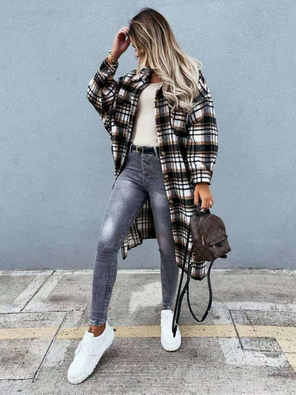 Raincoat- Plaid Longline Jacket Raincoat- - Pekosa Women Clothing