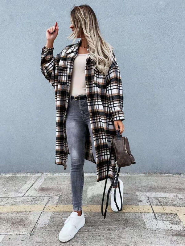 Raincoat- Plaid Longline Jacket Raincoat- - Pekosa Women Clothing