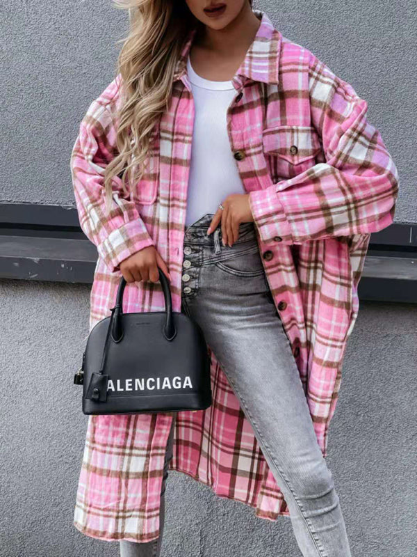 Raincoat- Plaid Longline Jacket Raincoat- Pink- Pekosa Women Clothing