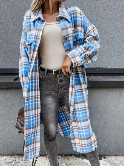 Raincoat- Plaid Longline Jacket Raincoat- Blue- Pekosa Women Clothing