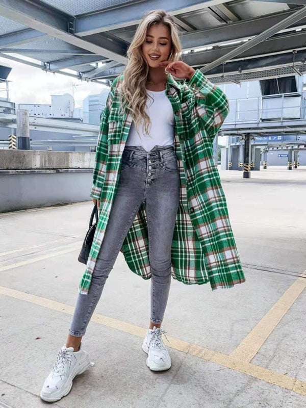 Raincoat- Plaid Longline Jacket Raincoat- Green- Pekosa Women Clothing