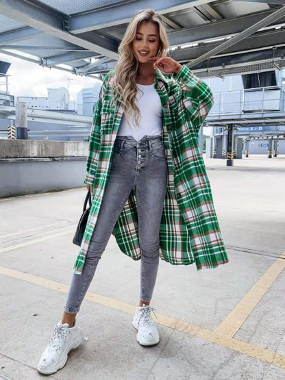 Raincoat- Plaid Longline Jacket Raincoat- Green- Pekosa Women Clothing