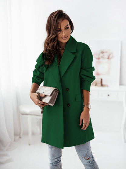 Raincoats- Wool Blend Raincoat - Elegant Double Breasted Blazer- Green- Pekosa Women Clothing