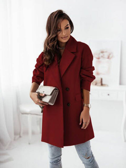 Raincoats- Wool Blend Raincoat - Elegant Double Breasted Blazer- Wine Red- Pekosa Women Clothing