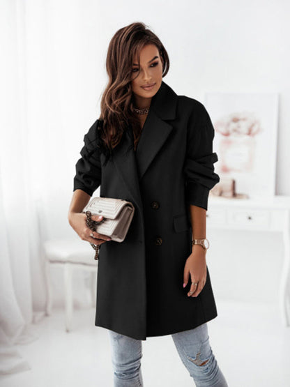 Raincoats- Wool Blend Raincoat - Elegant Double Breasted Blazer- Black- Pekosa Women Clothing