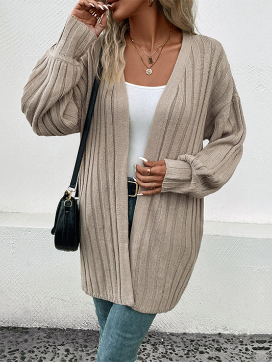 Ribbed Cardigans- Oversize Midi Length Rib-Knit Cardigan with Pockets- Khaki- Pekosa Women Clothing