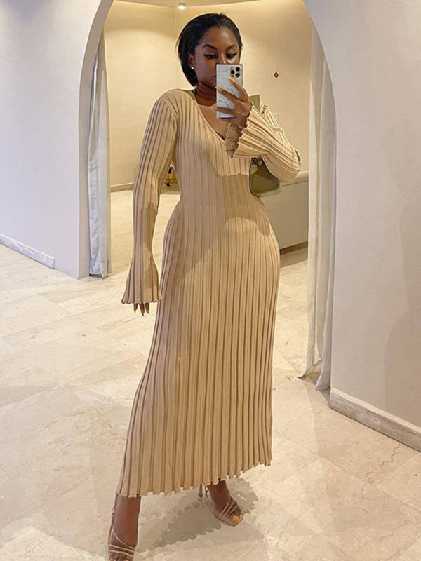 Ribbed Dresses- Beachfront Wedding Guest Vacation Rib-Knit Maxi Dress- Cracker khaki- Pekosa Women Clothing