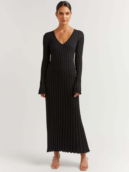 Ribbed Dresses- Beachfront Wedding Guest Vacation Rib-Knit Maxi Dress- Black- Pekosa Women Clothing