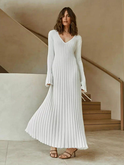 Ribbed Dresses- Beachfront Wedding Guest Vacation Rib-Knit Maxi Dress- White- Pekosa Women Clothing