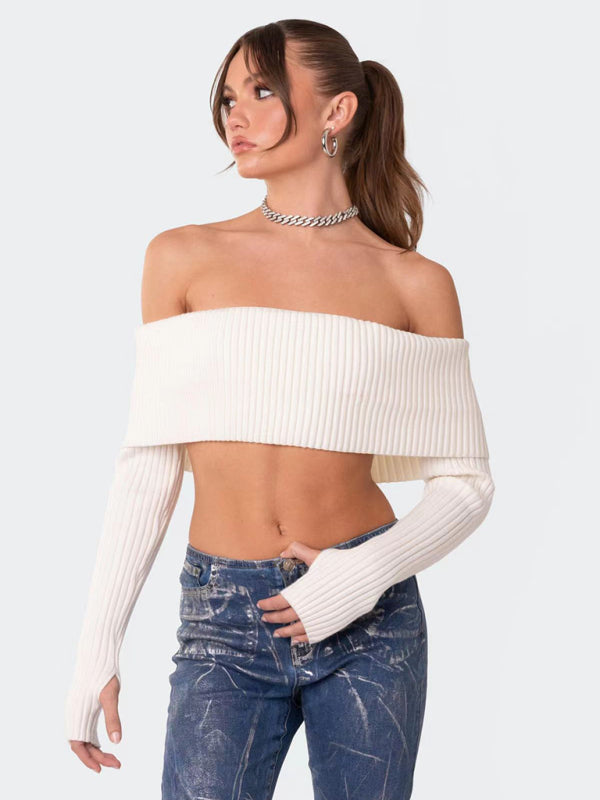 Ribbed Tops- Ribbed Off-Shoulder Long Sleeve Crop sweater- White- Pekosa Women Clothing