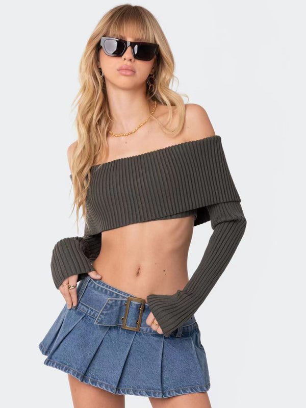 Ribbed Tops- Ribbed Off-Shoulder Long Sleeve Crop sweater- - Pekosa Women Clothing