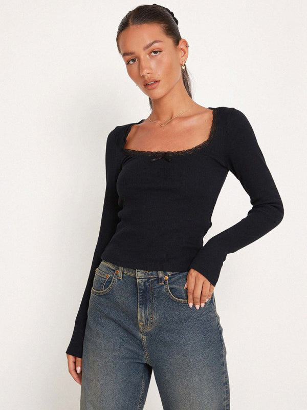 Ribbed Tops- Romantic Solid Ribbed Crop Tee - Fitted Long Sleeve T-Shirt- - Pekosa Women Clothing