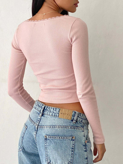 Ribbed Tops- Romantic Solid Ribbed Crop Tee - Fitted Long Sleeve T-Shirt- - Pekosa Women Clothing