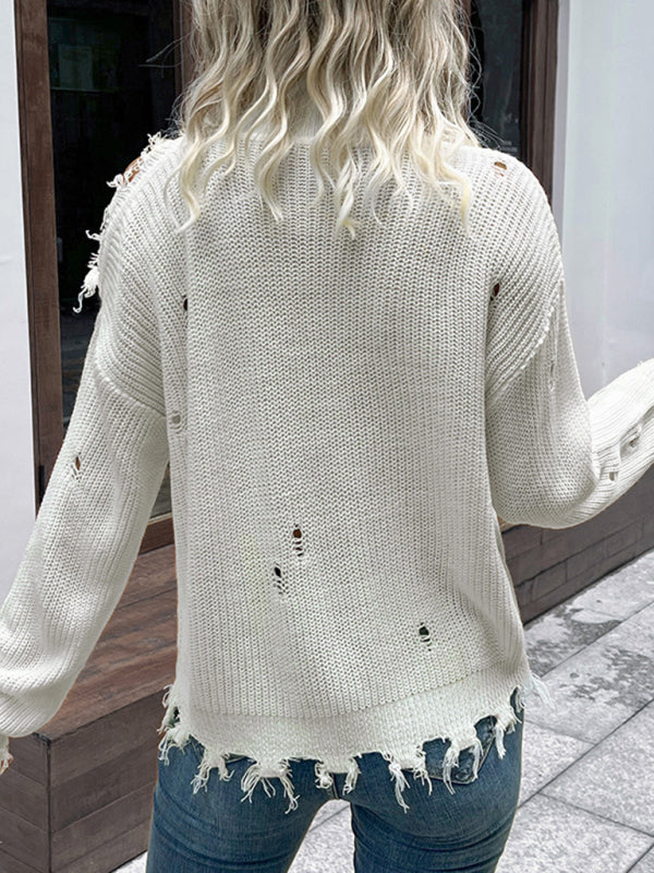 Ripped Sweaters- Frayed Knitted Turtleneck Sweater- - Pekosa Women Clothing